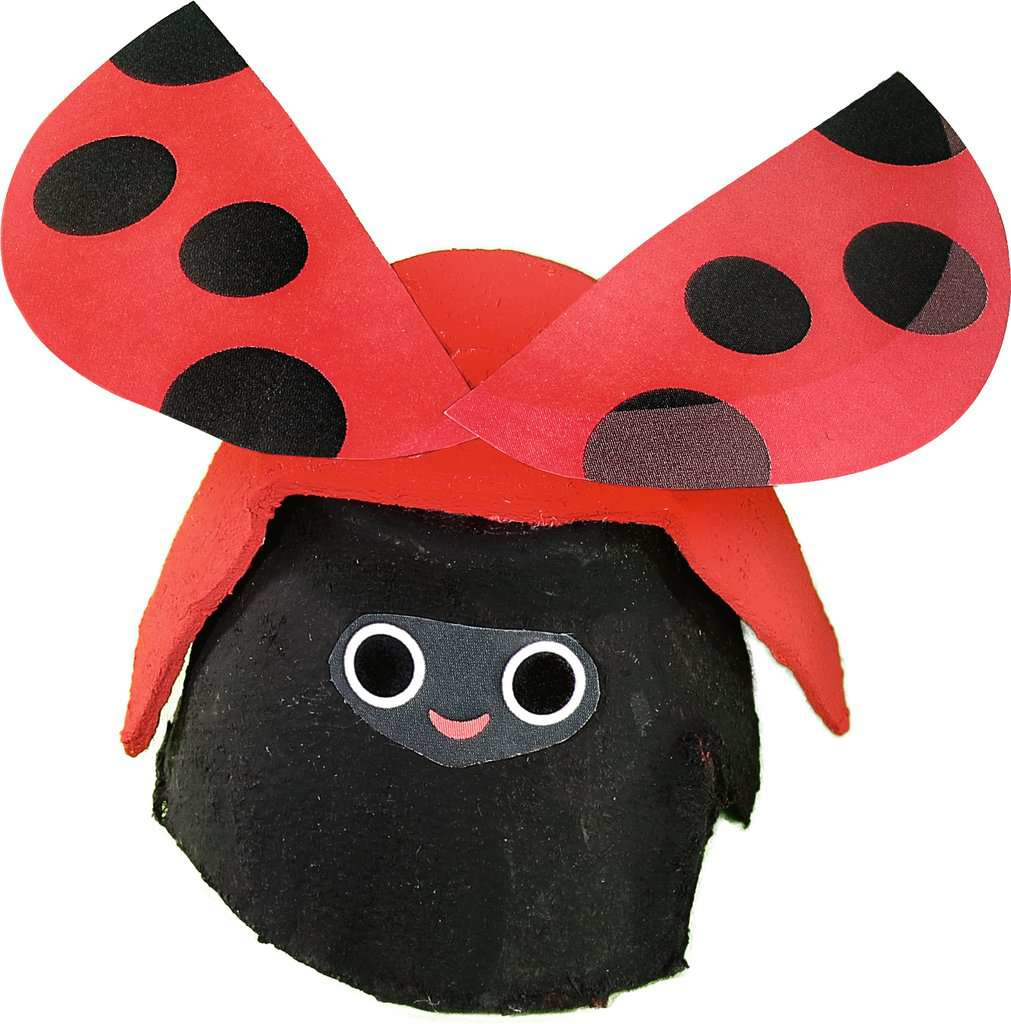 Una coccinella fatta con materiali artigianali, con ali rosse e punti neri su un corpo nero.