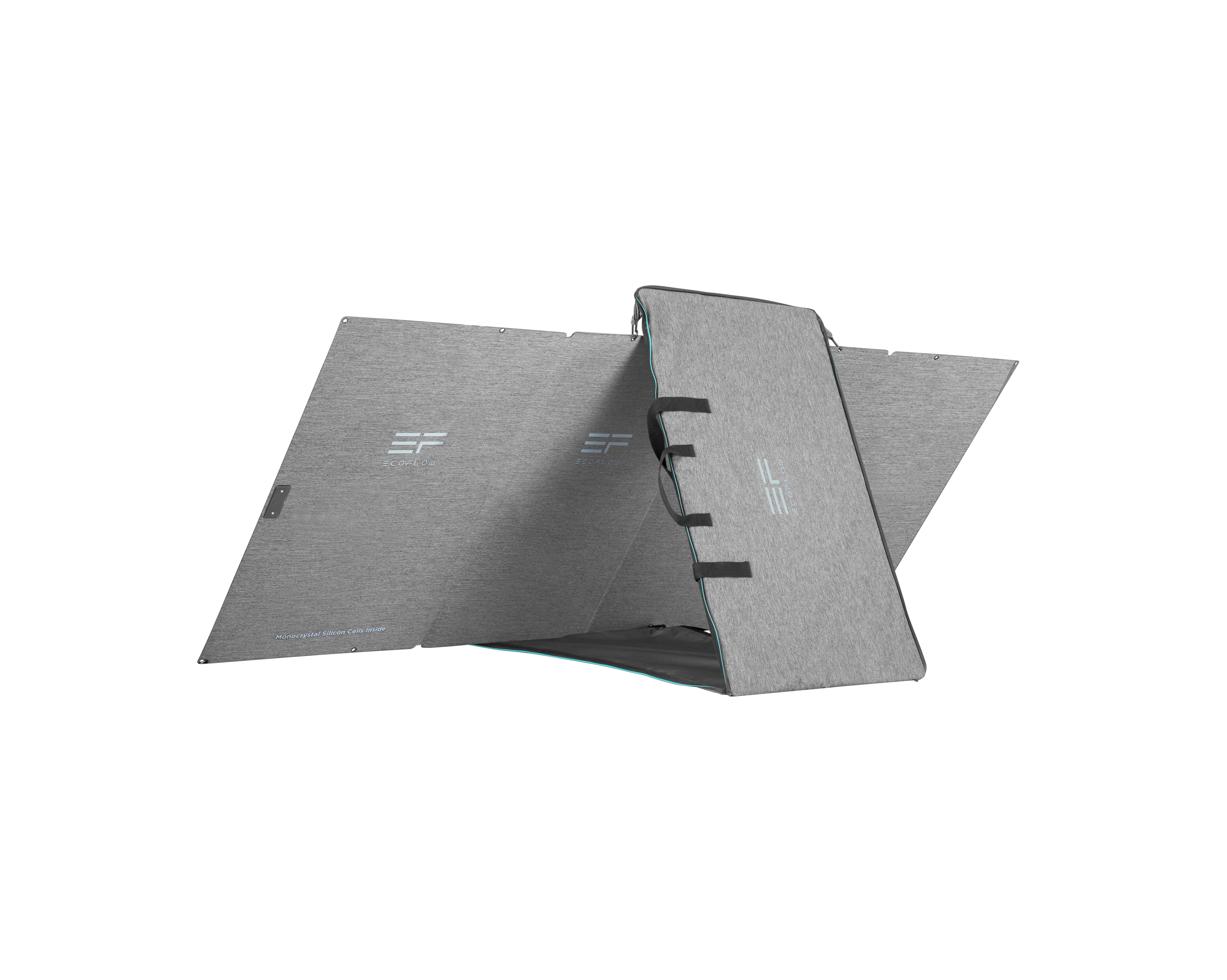 Składany szary zestaw paneli słonecznych z widocznym logo EF. Panele są ustawione pod kątem i połączone.