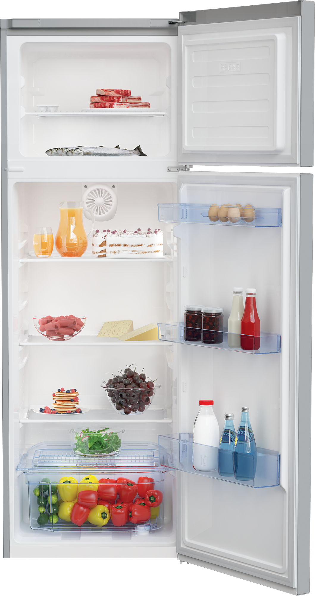 Otwarta lodówka wypełniona jedzeniem: owoce, warzywa, napoje i inne produkty. Białe wnętrze.