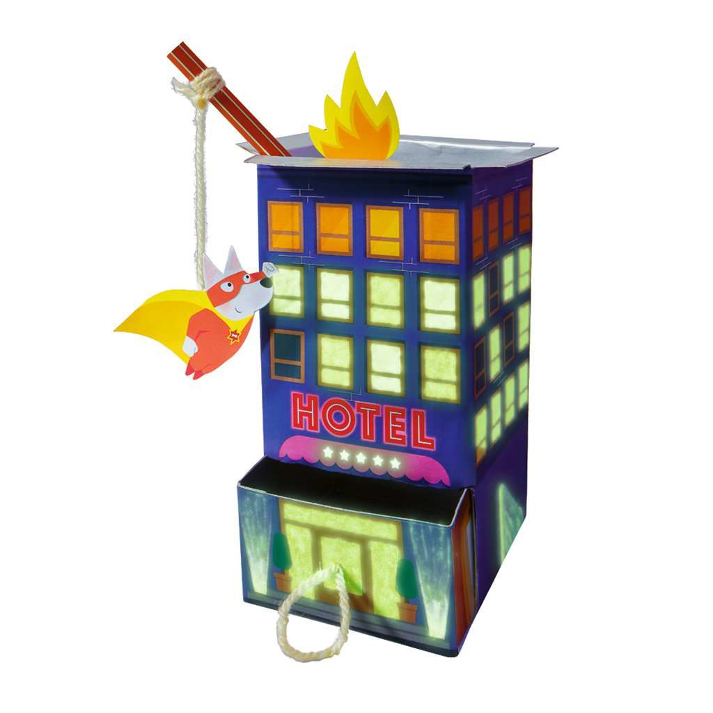Illustration eines Gebäudes mit einem Superhelden, der davon fliegt. Buntes Design. 'Hotel'-Schild.