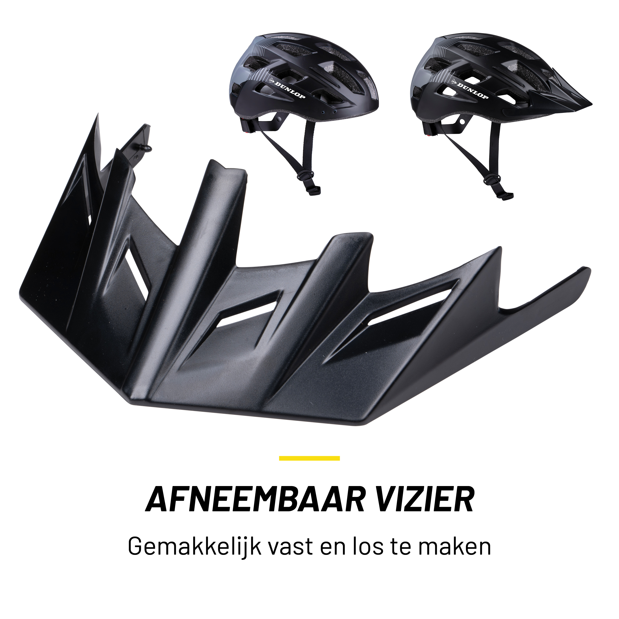 Zwarte fietshelmen met afneembaar vizier. Tekst eronder zegt 'Afneembaar vizier'.