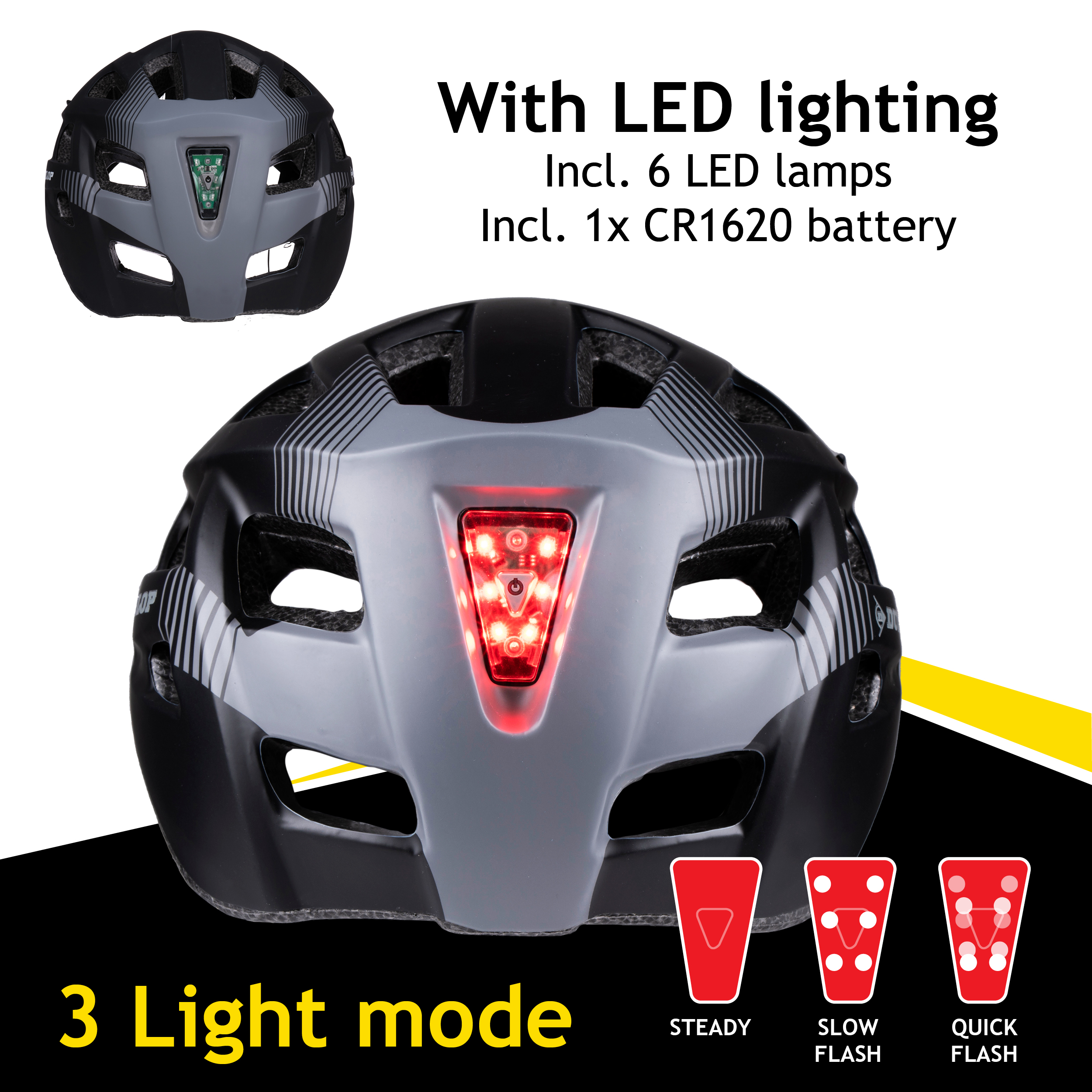 Een zwarte en grijze fietshelm met rode LED-verlichting en drie lichtmodi.