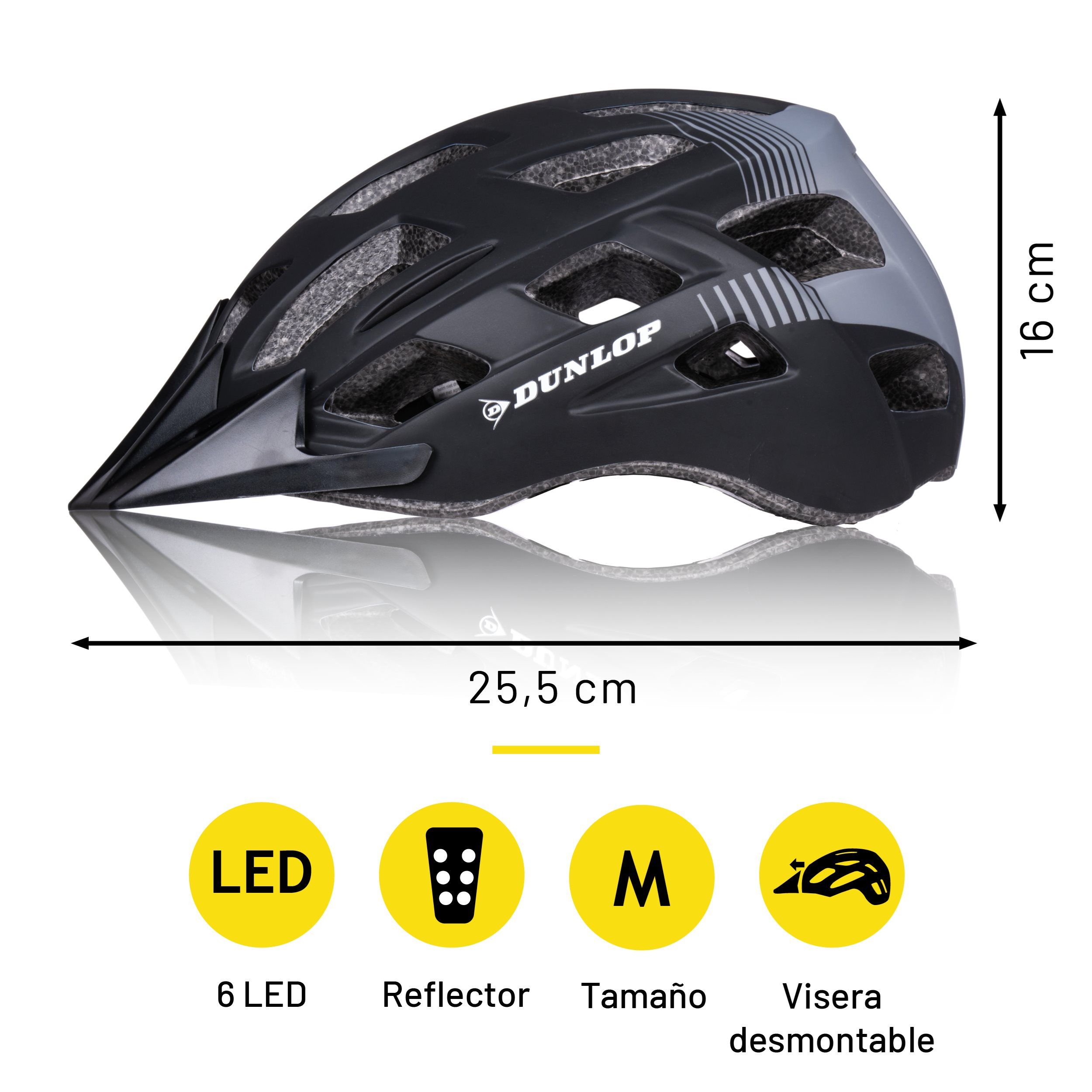 Zwarte en grijze fietshelm met afmetingen, inclusief LED- en reflectorpictogrammen.