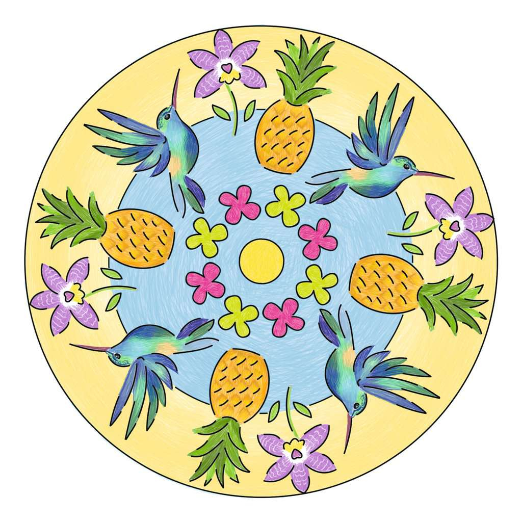 Mandala circular con colibríes, piñas y flores, sobre un fondo amarillo.
