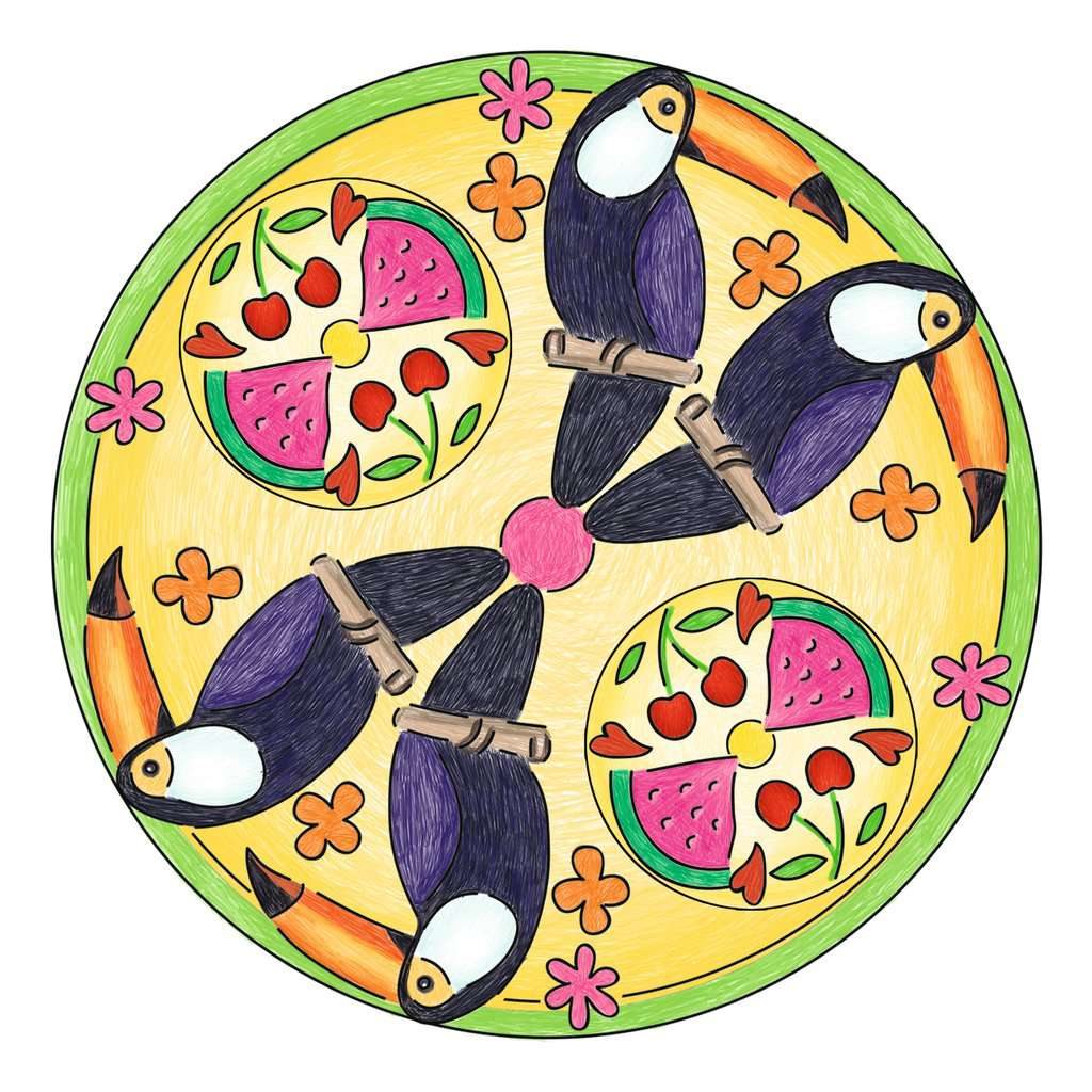 Un diseño de mandala colorido con tucanes, rodajas de sandía y flores en un círculo.