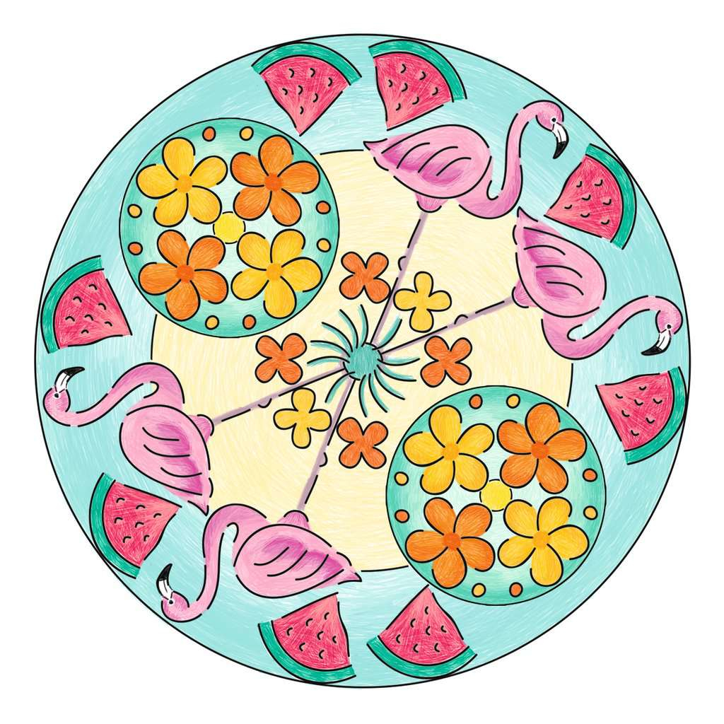 Un mandala circular con flamencos, sandías y flores en un diseño colorido.
