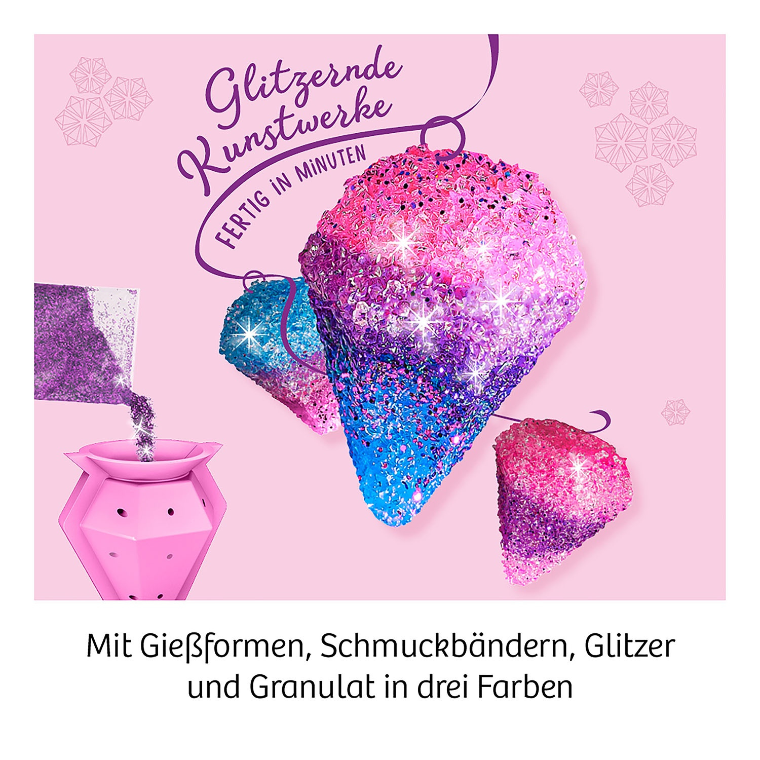 Kunstwerke in Rosa-, Blau- und Lilatönen. Sie sind glitzernd, mit einem rosa rautenförmigen Behälter.