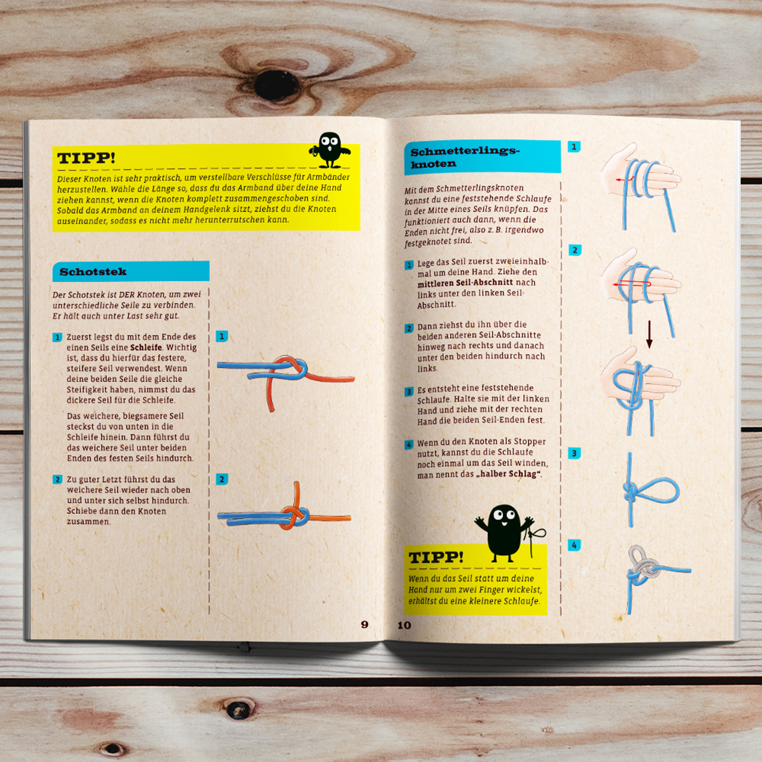 Buchseite mit Knotenanleitungen. Diagramme und Text erklären, wie man verschiedene Knoten bindet.
