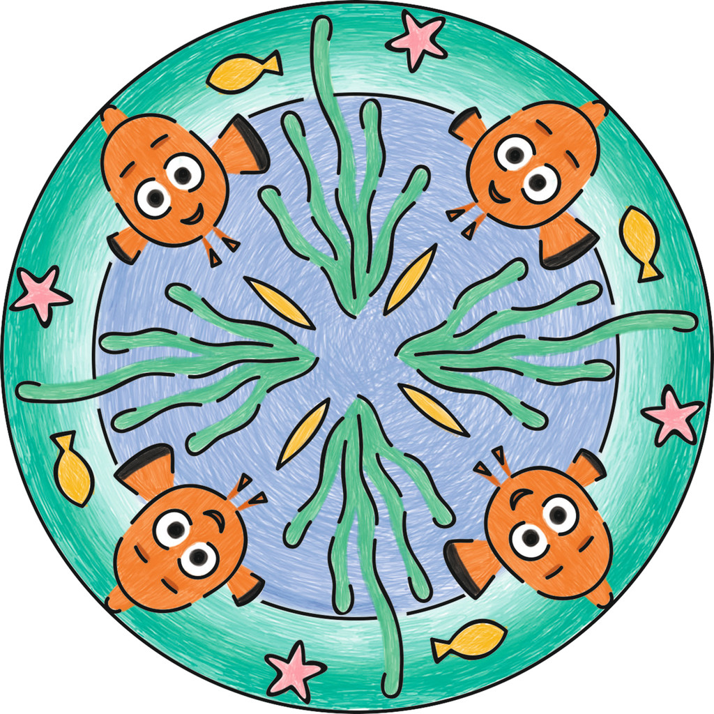 Eine kreisförmige, farbenfrohe Zeichnung mit stilisierten orangefarbenen Fischen und grünen Algen auf blauem Grund.