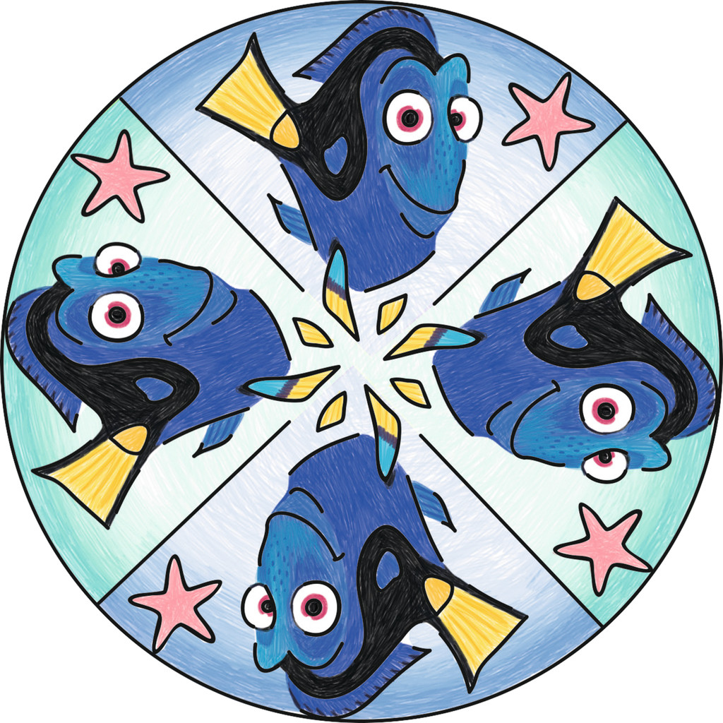 Ein kreisförmiges Mandala mit vier blauen Fischen, rosa Sternen und gelb-blauen Akzenten.