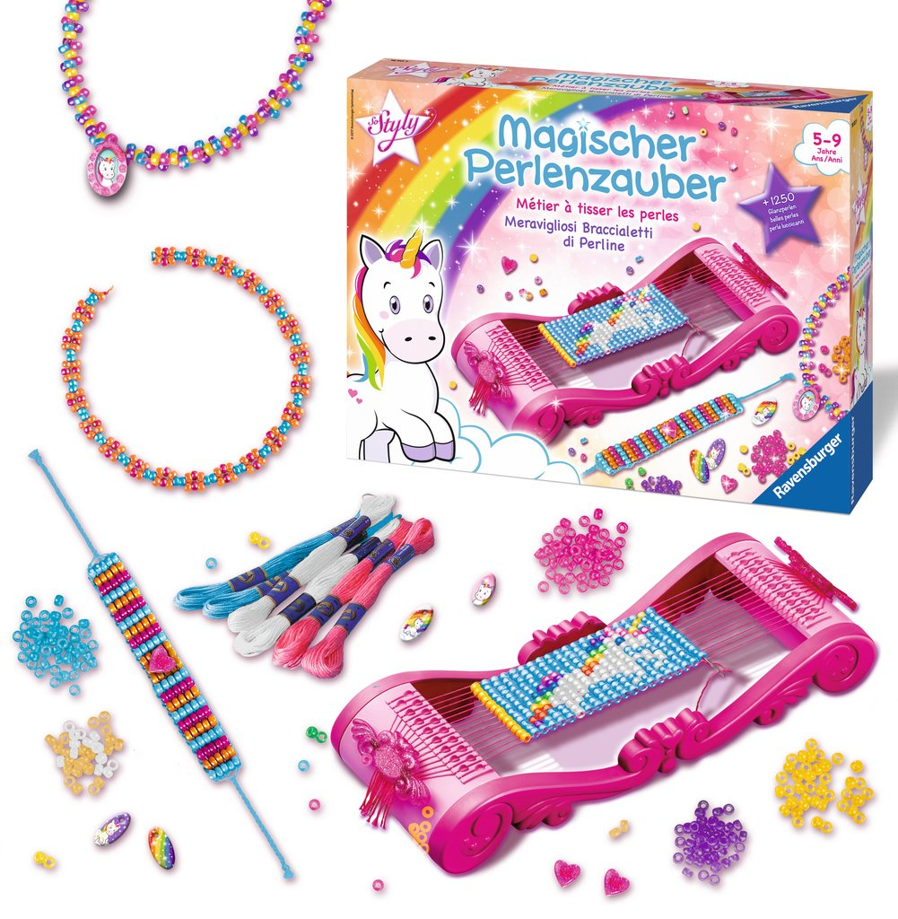 Bastelset mit Einhorn. Enthält Perlen, Faden und einen Webstuhl für Armbänder.