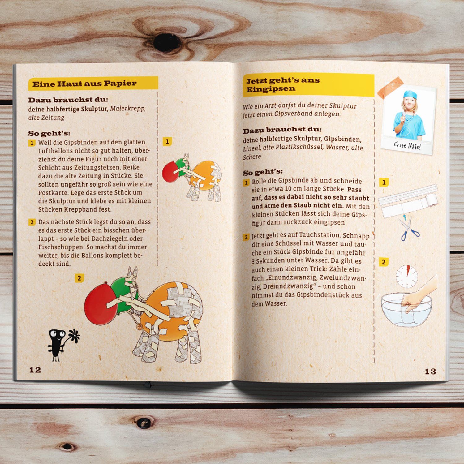 Una pagina di libro che mostra un progetto artigianale, con testo e illustrazioni su come realizzare una pelle di carta.
