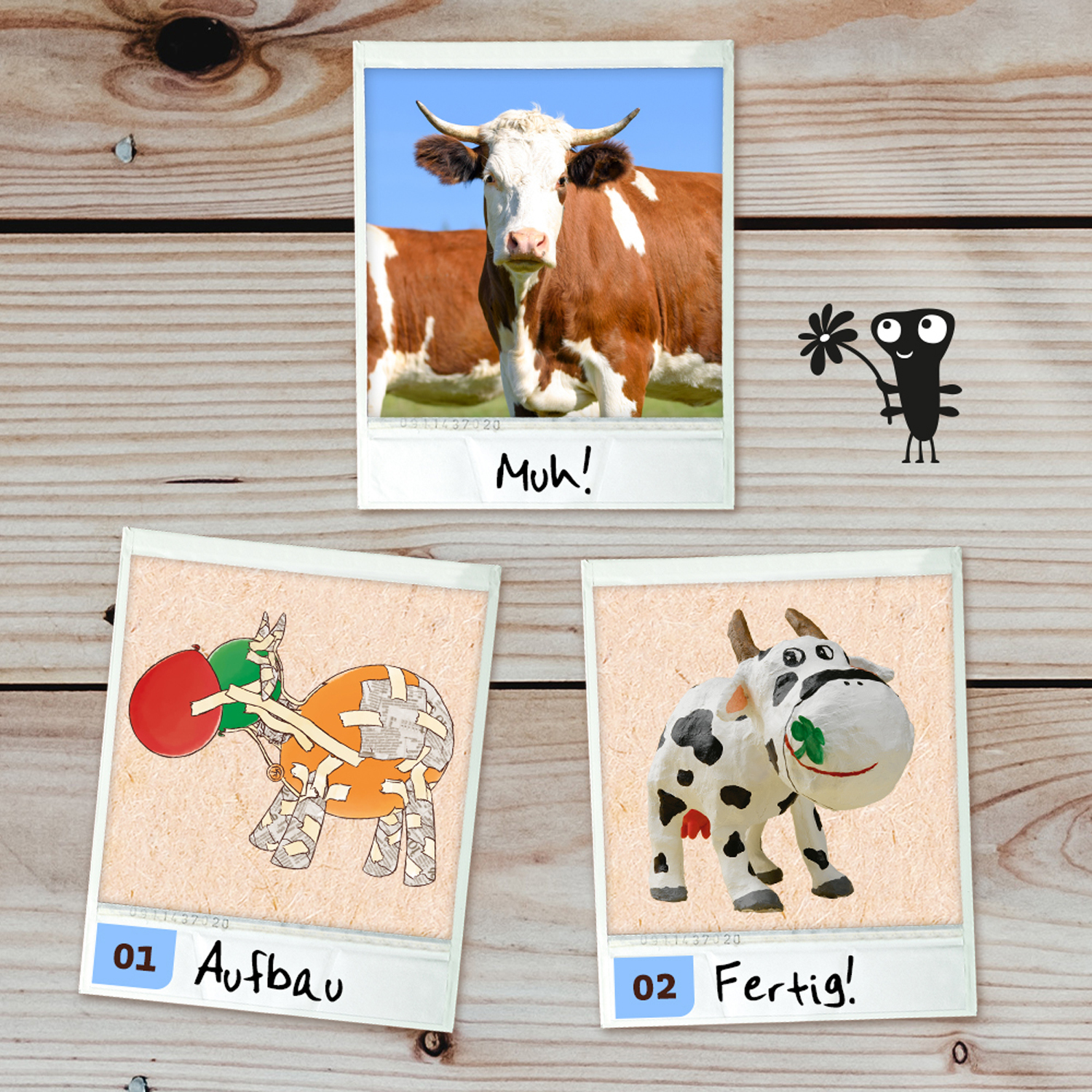Tre foto in stile Polaroid di una mucca, che illustrano il processo di costruzione.