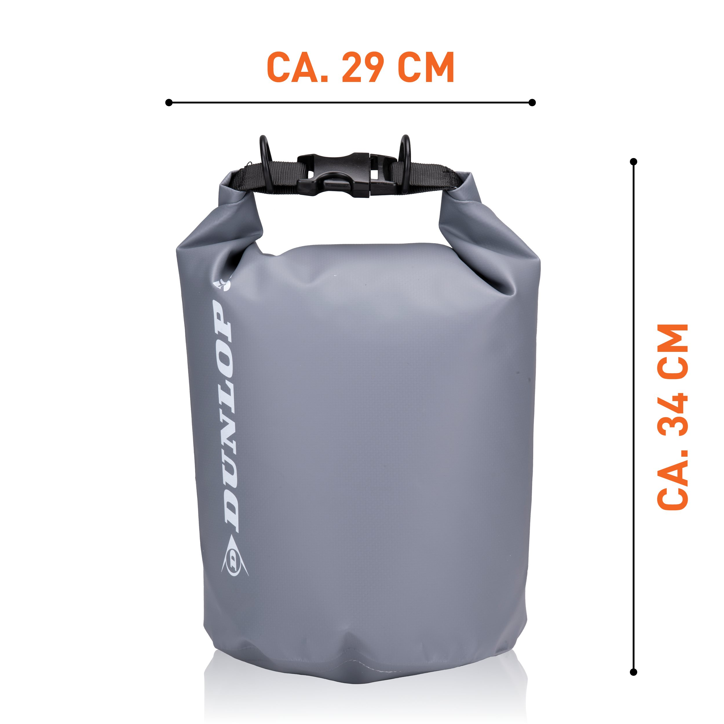 Een grijze waterdichte tas met afmetingen en een gespsluiting.