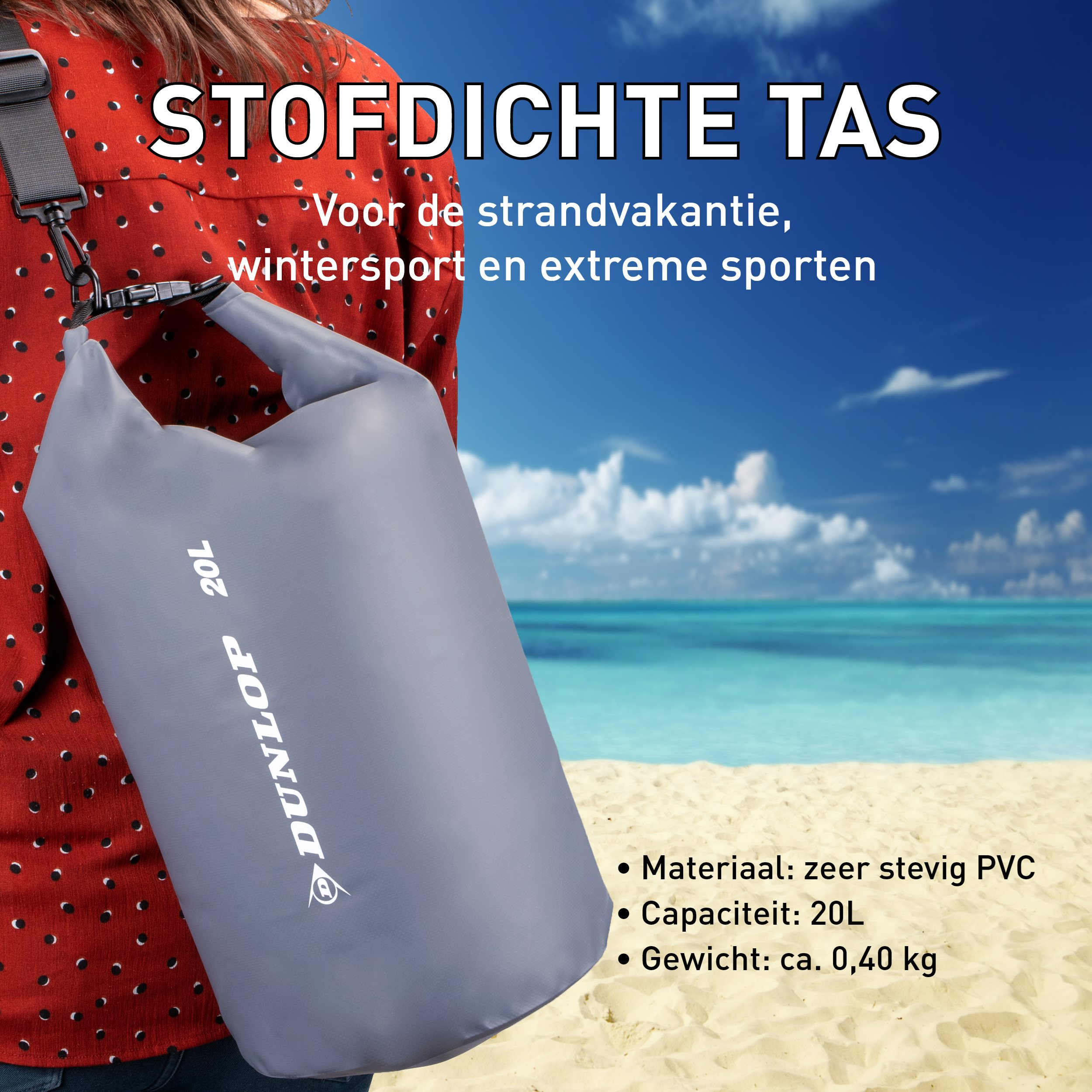 Grijze waterdichte tas met DUNLOP-logo. Op een persoon, strand- en zeeachtergrond.