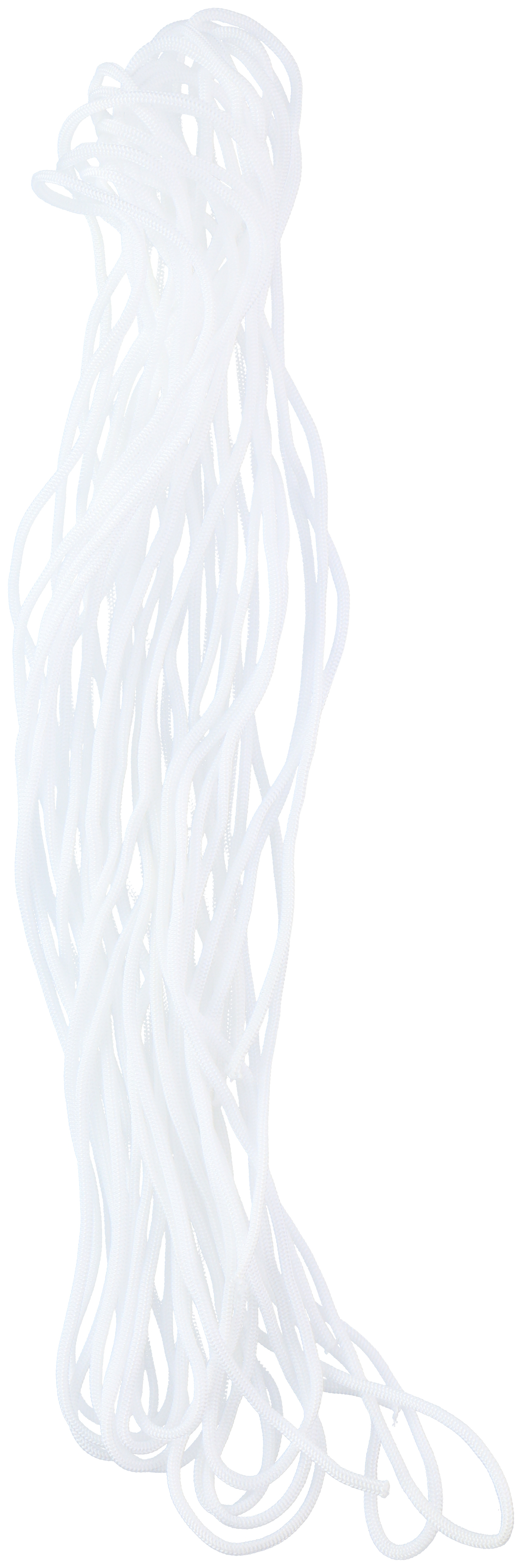 A white rope, tightly bundled. It is a long length of cord, possibly for various uses.