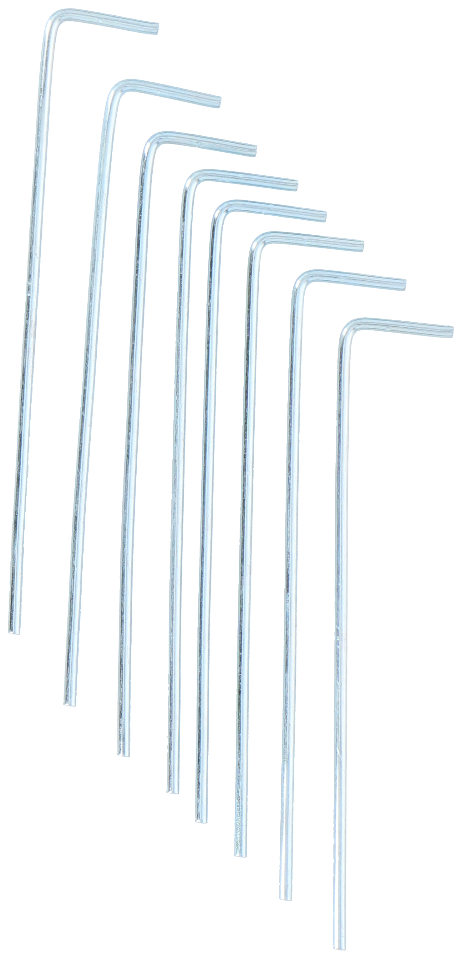 Set of silver tent stakes arranged diagonally on a white background.