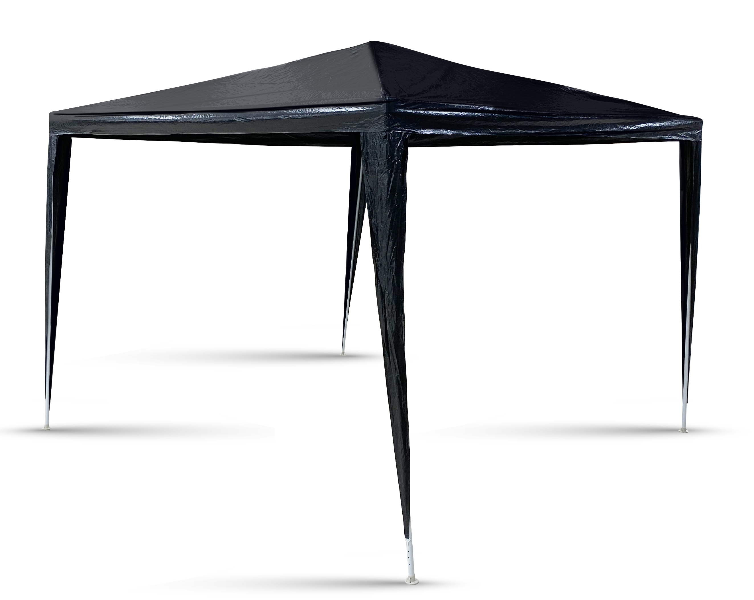 Black, open-sided gazebo with four legs, set against a white background. It is a simple shelter.