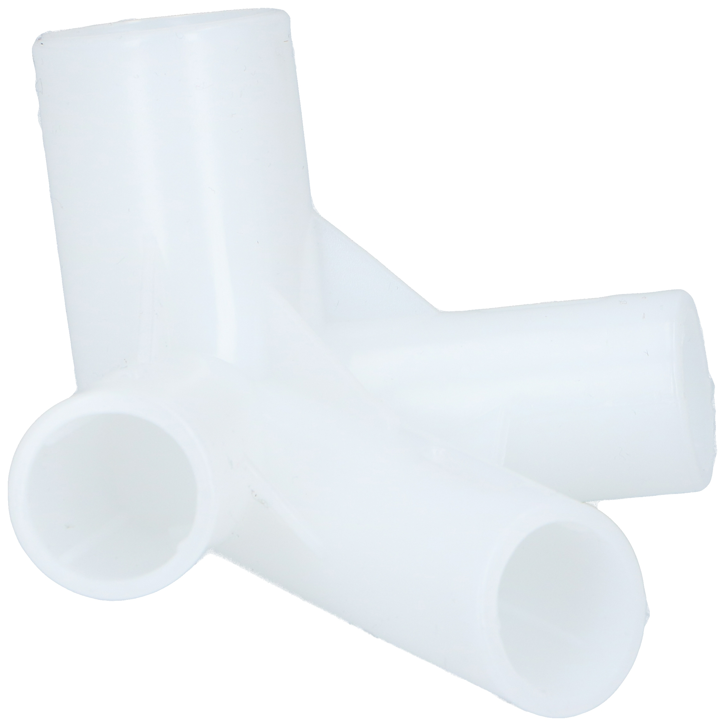 White plastic Y-shaped connector with three open ends.