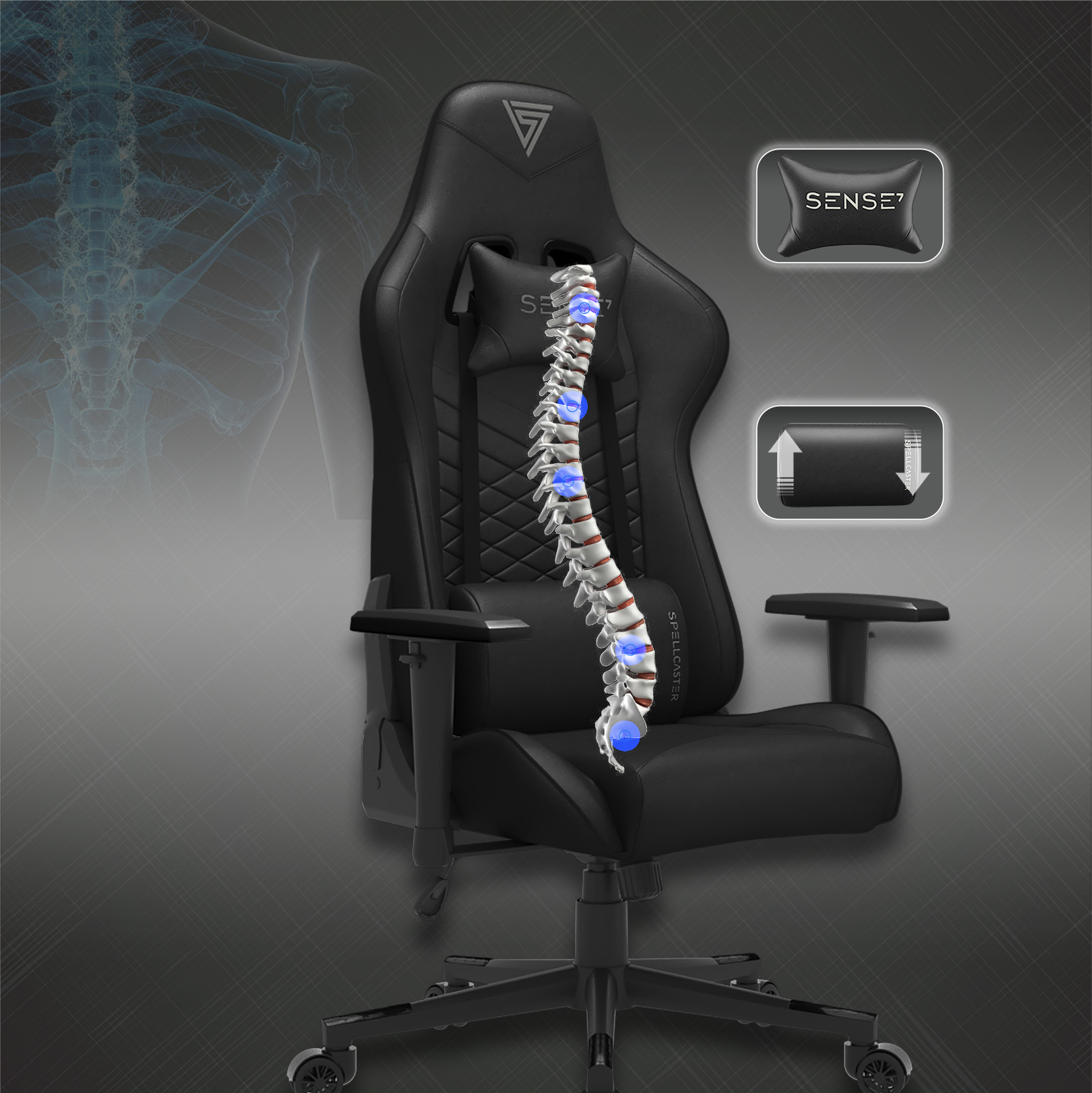 Silla gamer negra con ilustración de columna vertebral y dos cuadros informativos con texto y flechas.