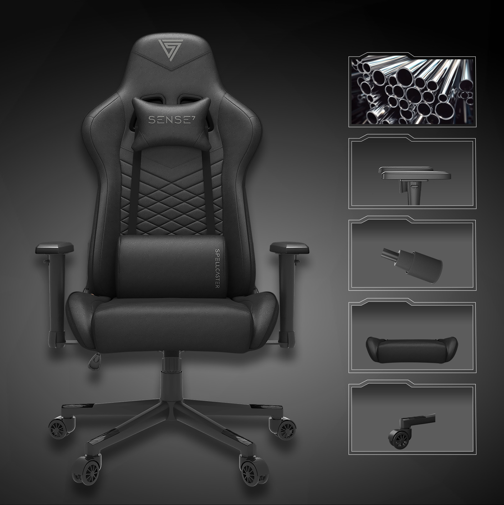 Una silla gamer negra con detalles y componentes. También hay ilustraciones de componentes.
