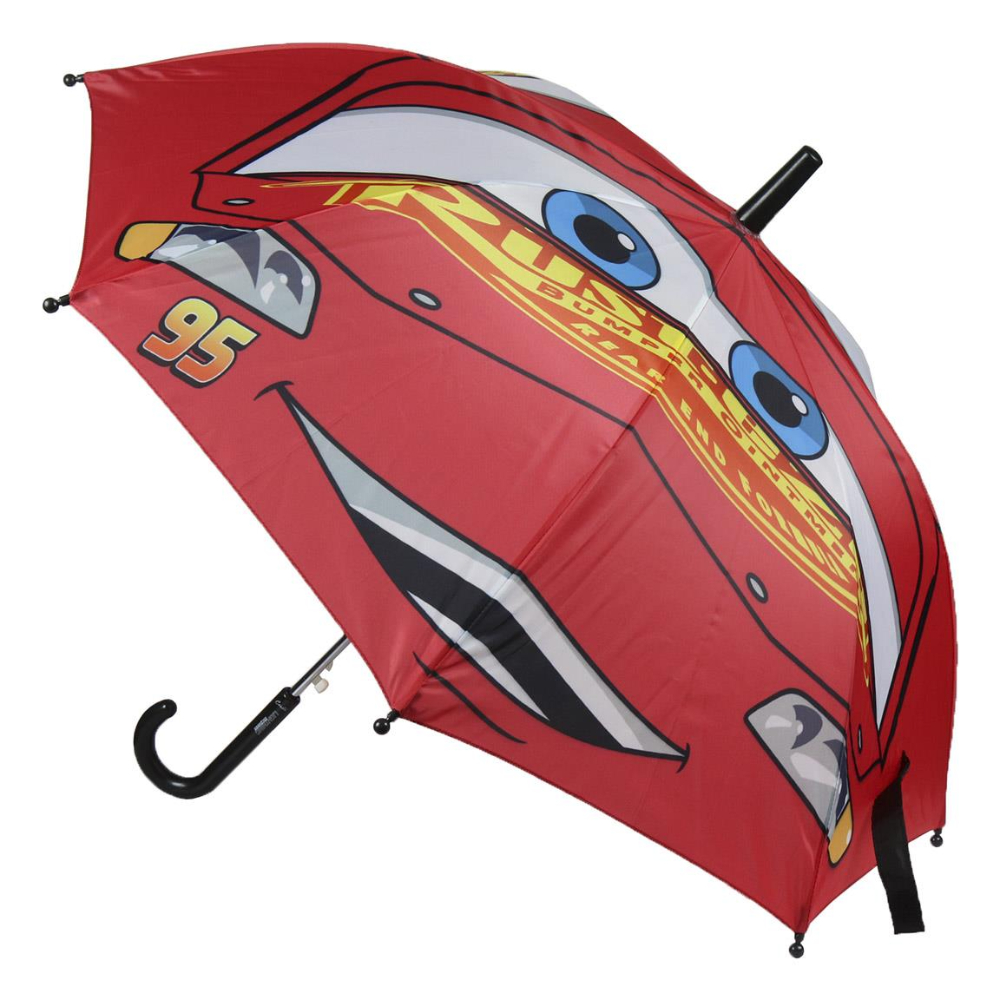 Paraguas rojo de Cars con la cara de Lightning McQueen. Cuenta con un mango negro.