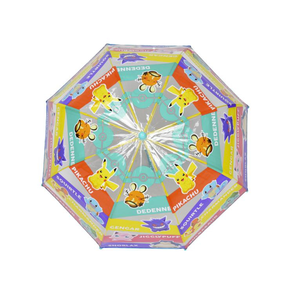 Paraguas de Pokémon con Pikachu, Squirtle, Dedenne, Charmander, Gengar, Jigglypuff y Snorlax. Diseño colorido.