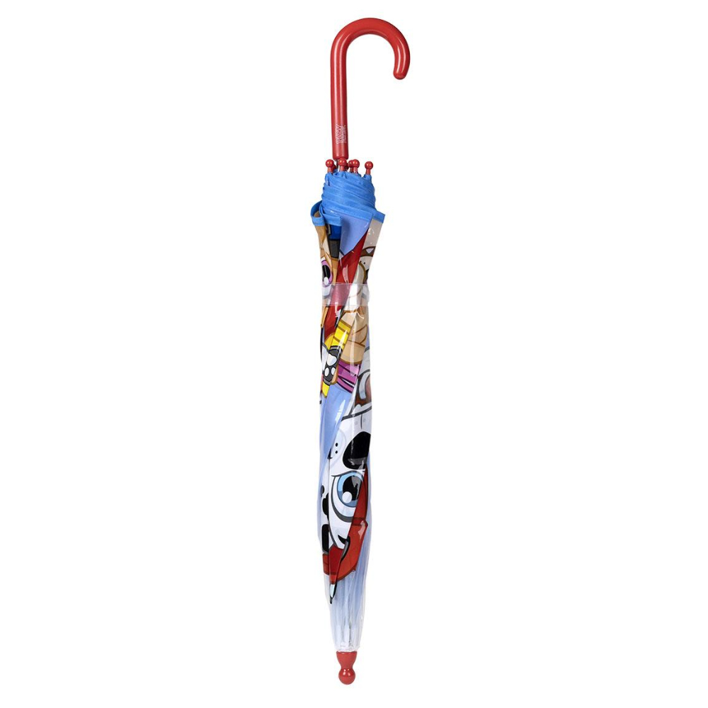 Paraguas de Paw Patrol, cerrado, con diseños de personajes y un mango rojo.