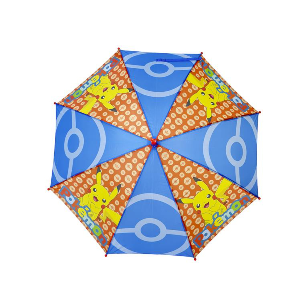 Un paraguas azul de Pokémon con diseños de Pikachu y Pokeball. Vista superior abierta.