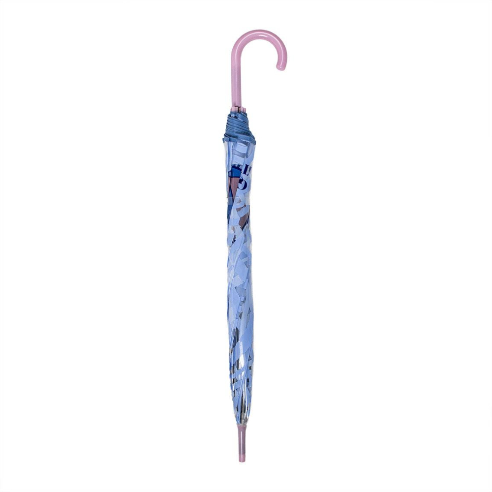 Paraguas azul cerrado con diseño floral y mango rosa.