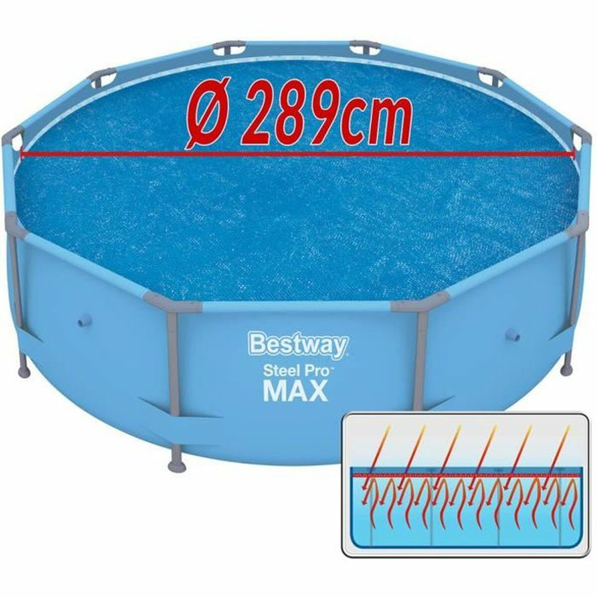 Piscina azul sobre el suelo. Tiene una cubierta azul con un diámetro de 289 cm. Bestway Steel Pro MAX es la marca.