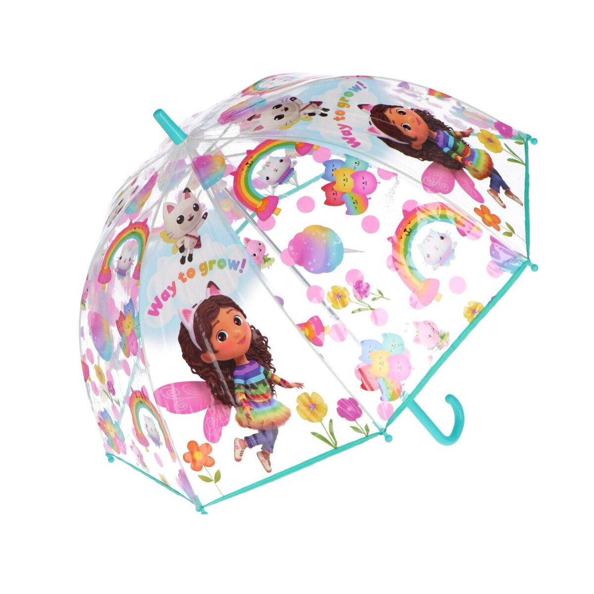 Paraguas transparente con personajes de Gabby's Dollhouse y diseños coloridos.