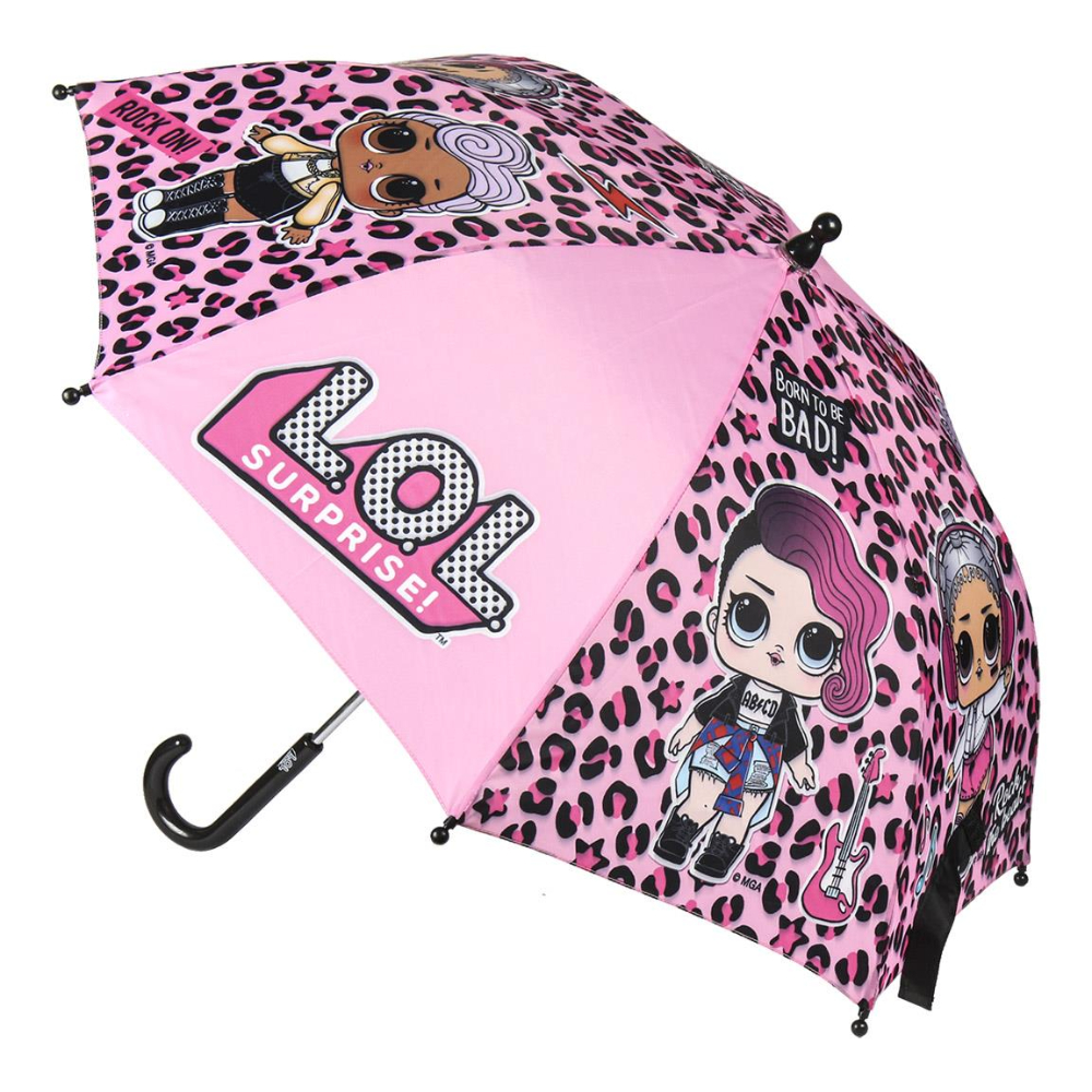 Paraguas LOL Surprise. Rosa con estampado de leopardo, logo LOL Surprise e imágenes de muñecas. Mango negro.