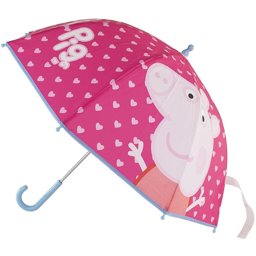 Paraguas rosa de Peppa Pig con la cara de Peppa y corazones.