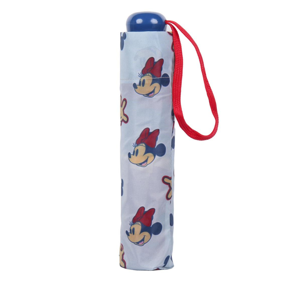 Paraguas azul de Minnie Mouse, cerrado. Presenta caras de Minnie Mouse y mango rojo.