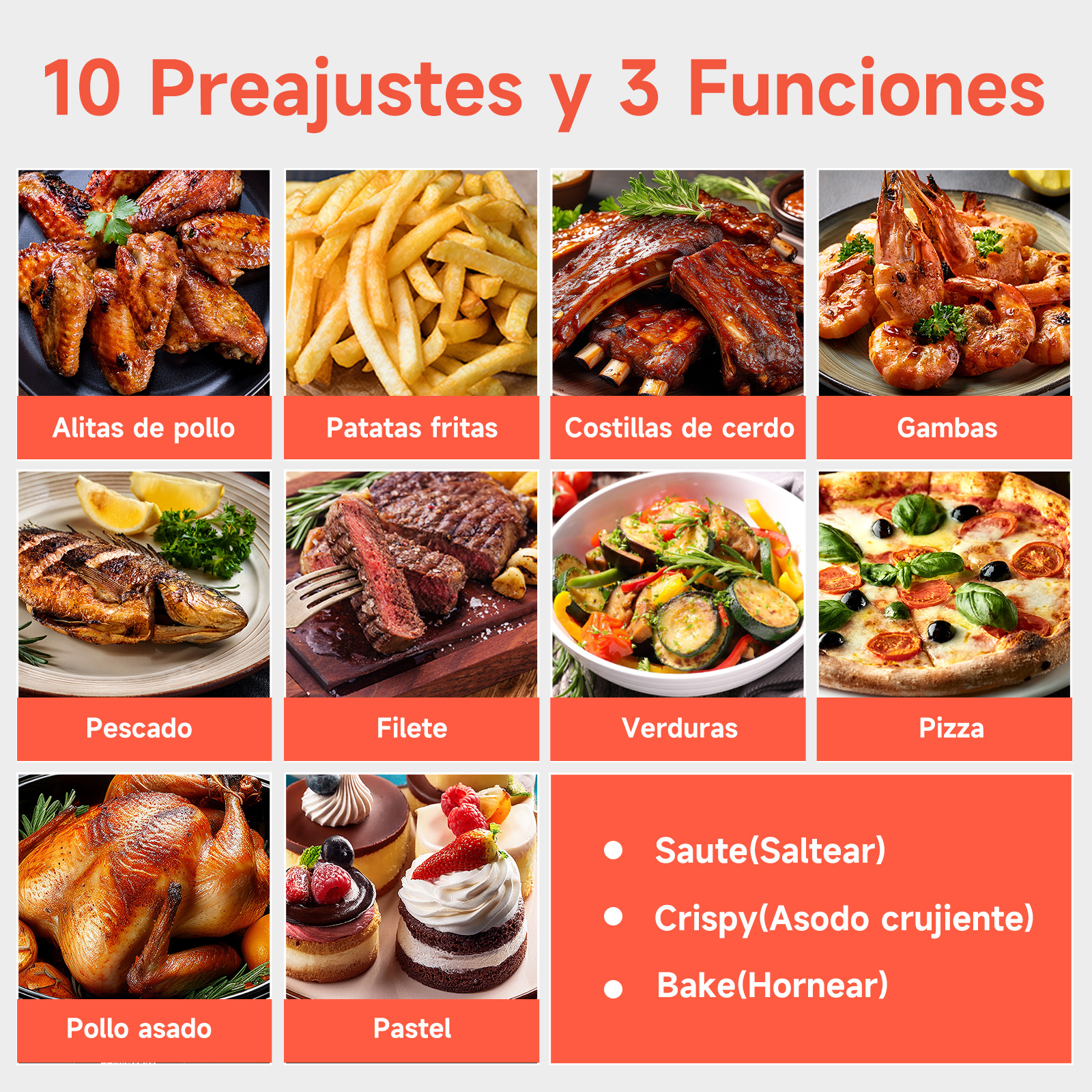 Varios alimentos cocinados: alitas de pollo, papas fritas, costillas, camarones, pescado, bistec, verduras, pizza.