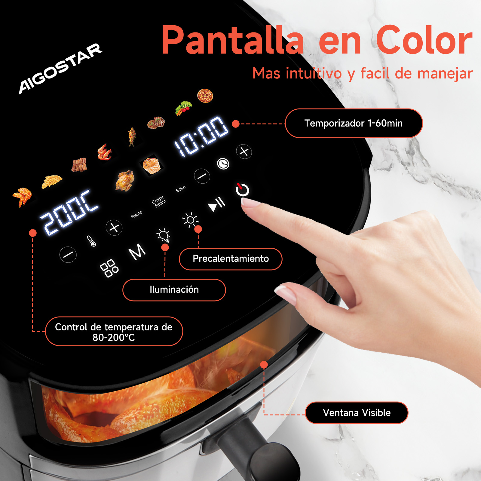 Freidora de aire negra con pantalla digital mostrando ajustes y comida.
