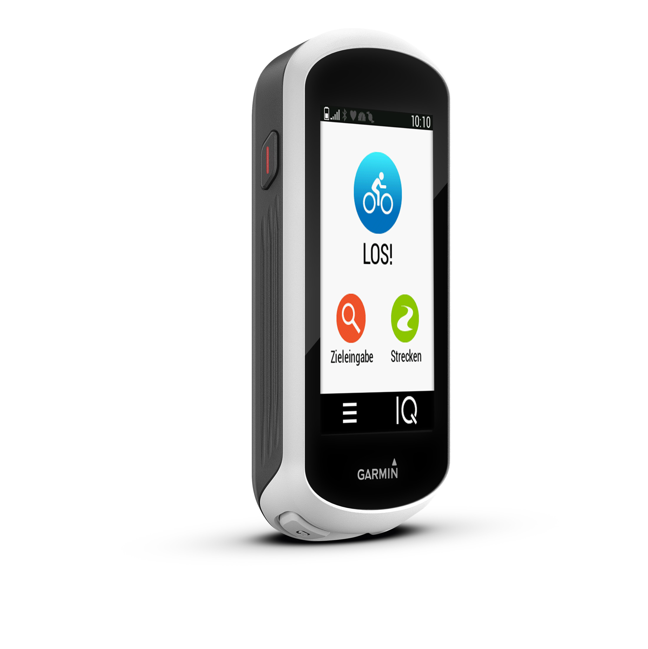 Ein Garmin GPS-Gerät, das ein Radfahrer-Logo und das Wort 'LOS!' zeigt, weißer Hintergrund.