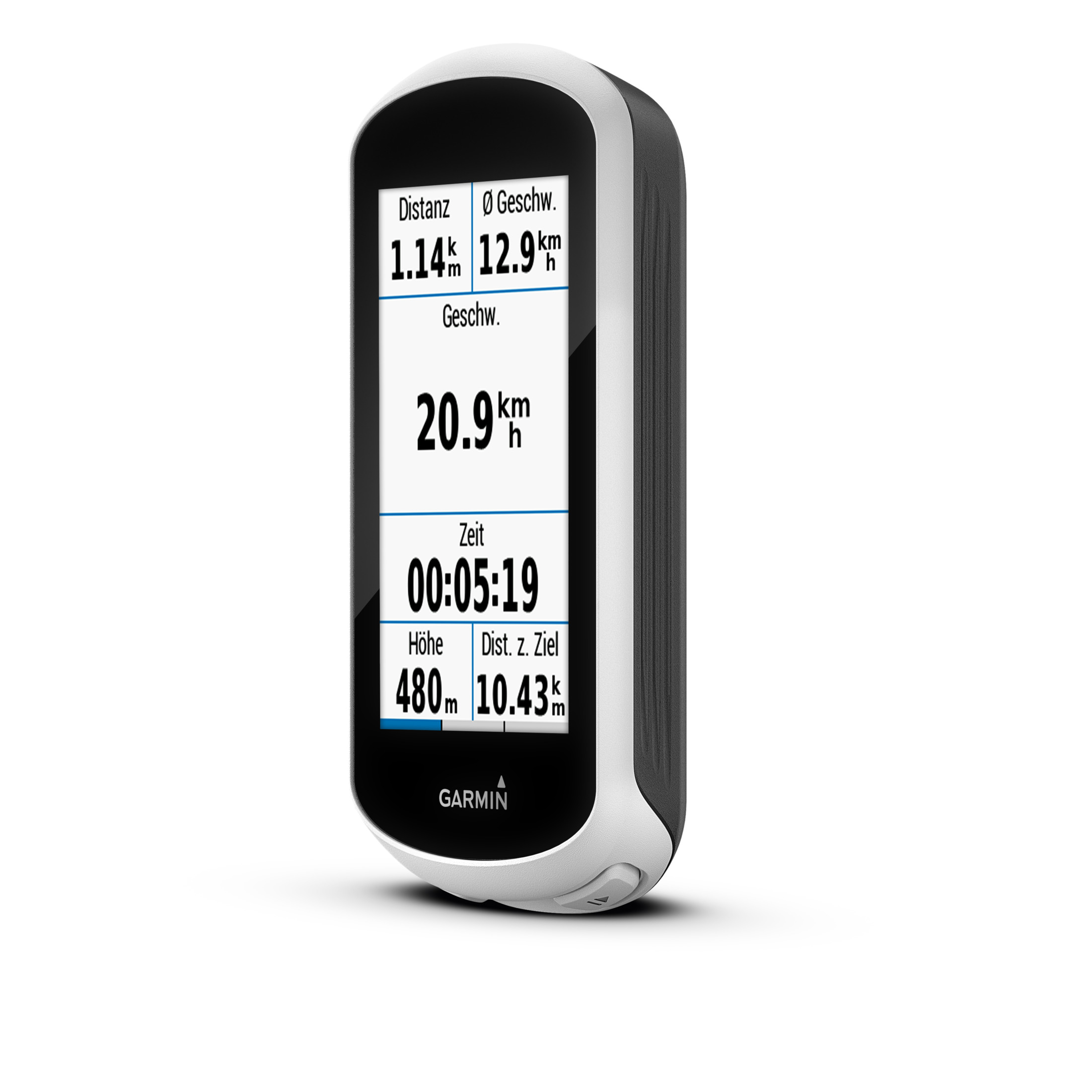 Ein Garmin GPS-Gerät mit Radfahrstatistiken, weißer Hintergrund.