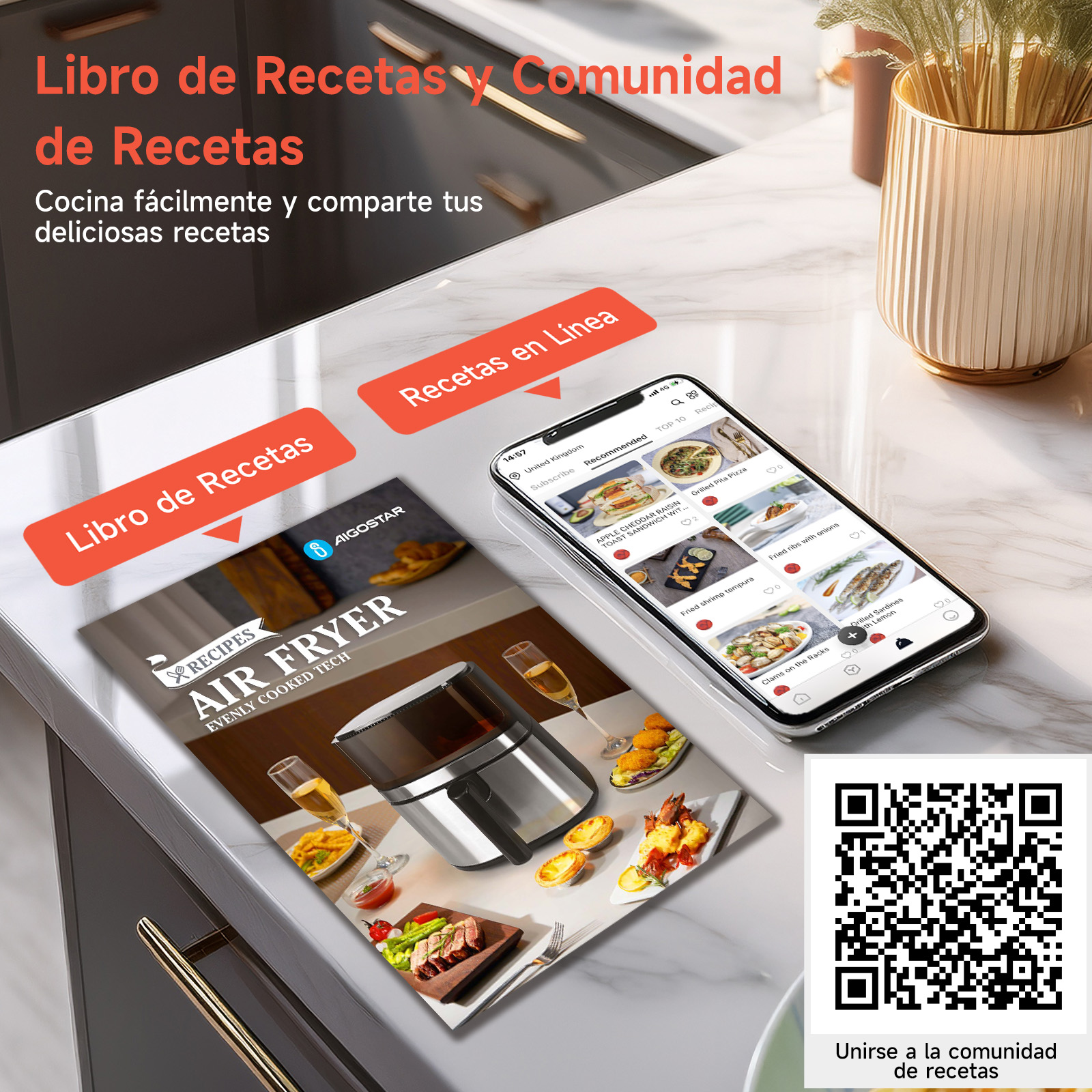 Un libro de recetas y un teléfono con una app de recetas están sobre una mesa. Un código QR está presente.