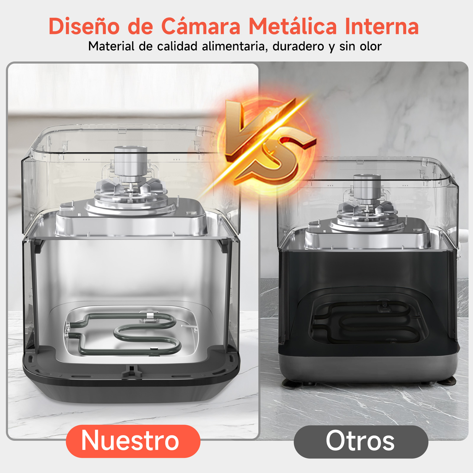 Dos recipientes transparentes, uno etiquetado 'Nuestro', otro 'Otros', con un símbolo VS en medio.