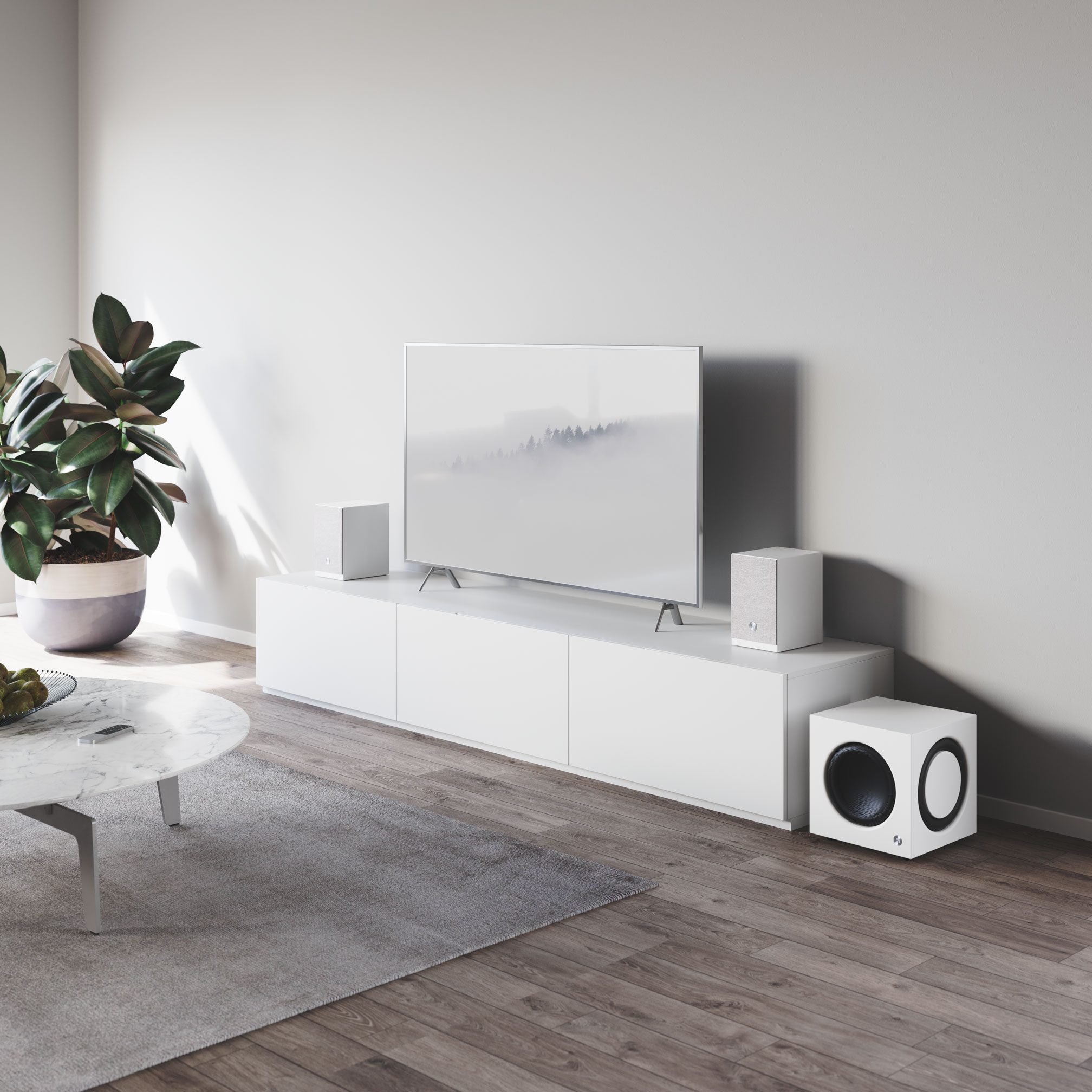 Salon moderne avec meubles blancs, une plante et une télévision sur un support blanc.