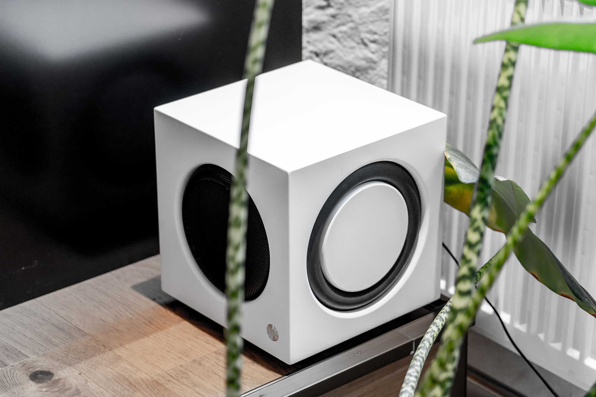 Caisson de basses blanc avec un haut-parleur noir. Le haut-parleur est dans un cube avec une ouverture ronde. Plantes vertes.