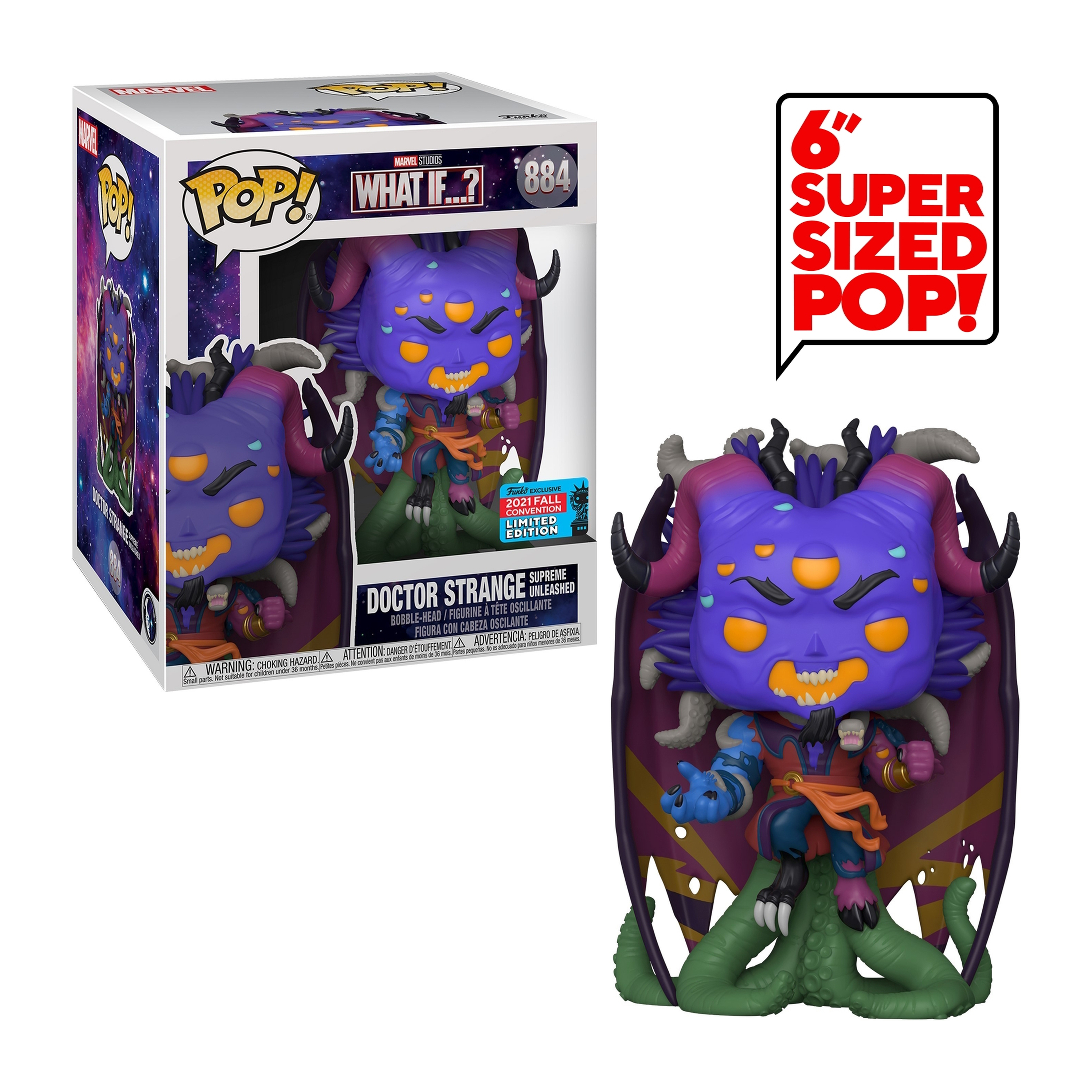 Figura de Doctor Strange en una caja. Figura morada y azul con múltiples ojos, sobre una base.