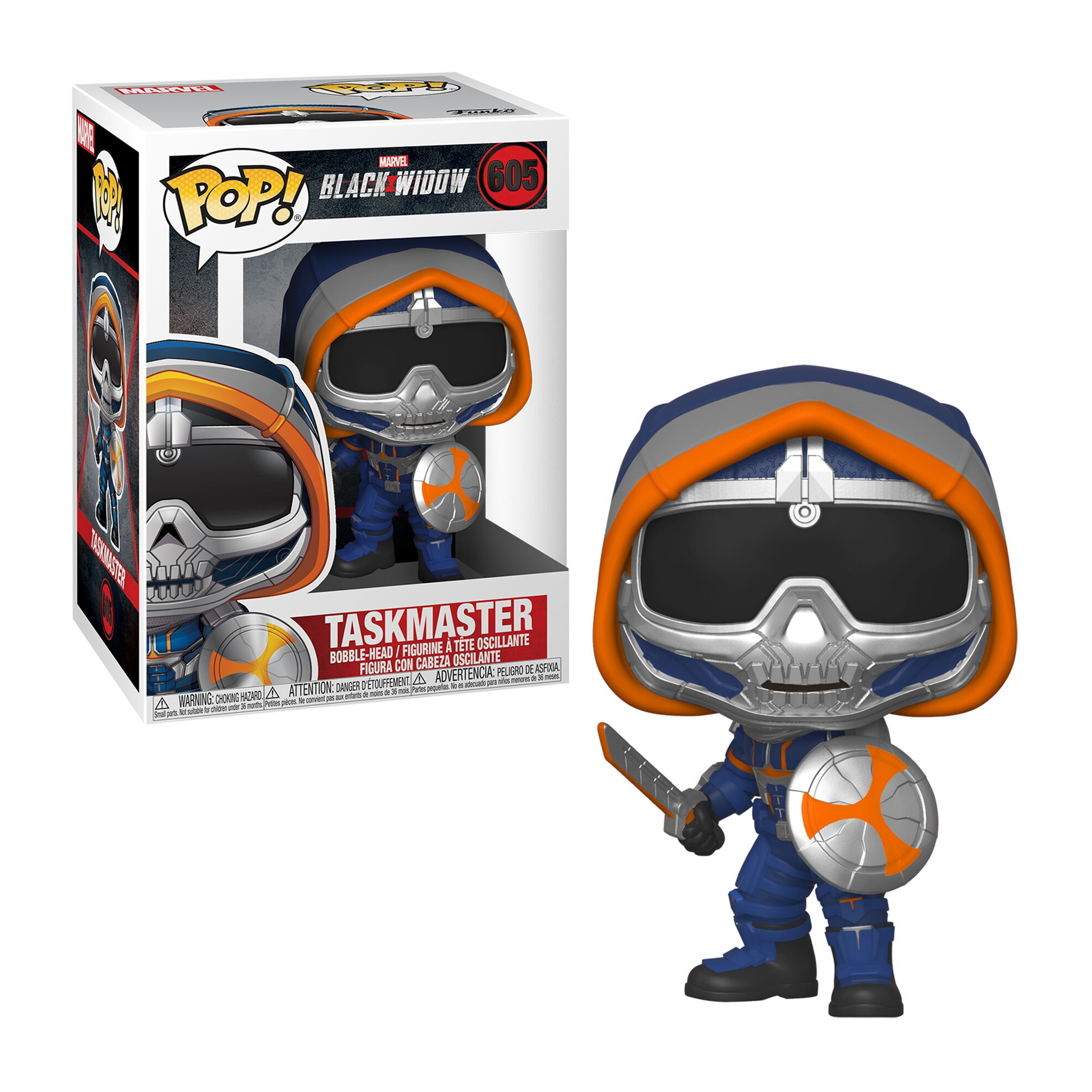 Figura Taskmaster Funko Pop con scatola, abito blu e arancione.