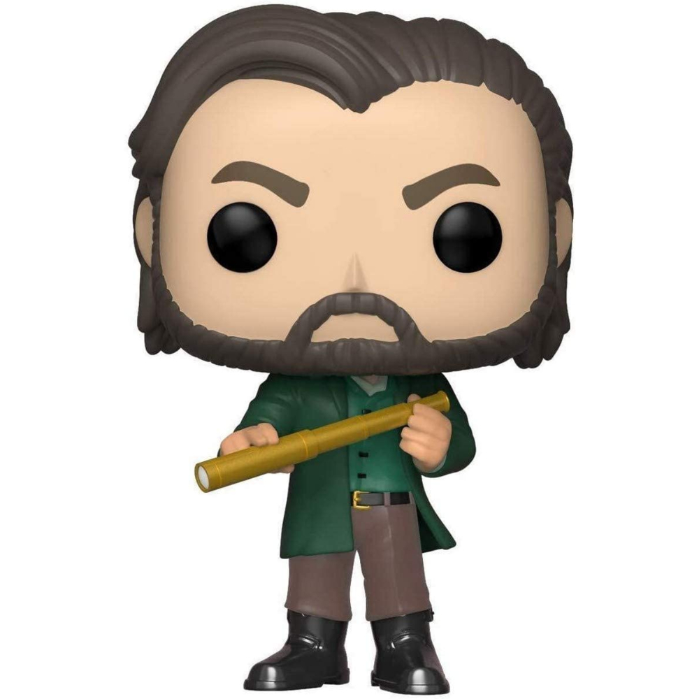 Eine Funko Pop Figur eines Mannes mit Bart, der ein Teleskop hält. Er trägt einen grünen Mantel.