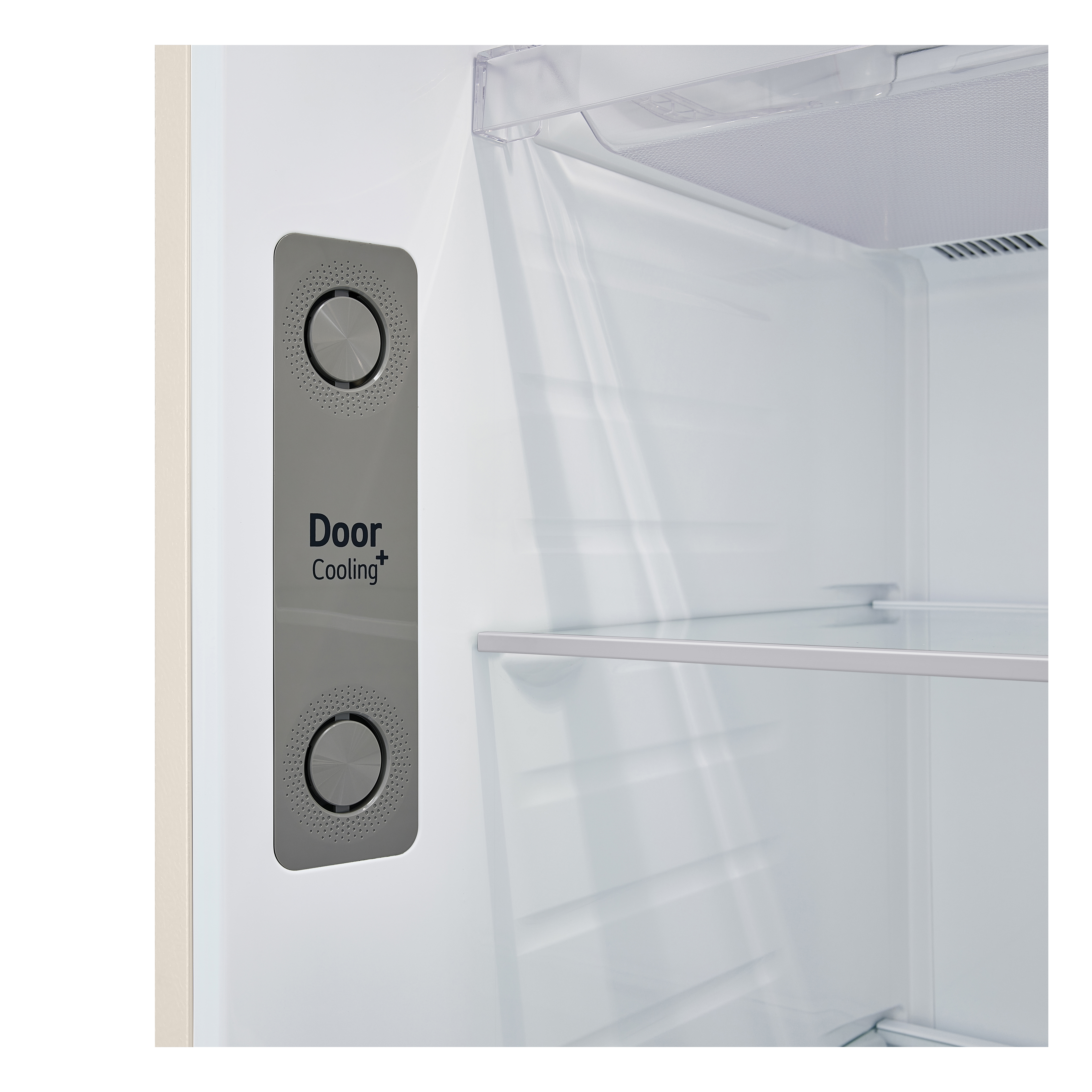 Innenansicht einer Kühlschranktür mit der Funktion 'Door Cooling+'. Weiße und graue Details.