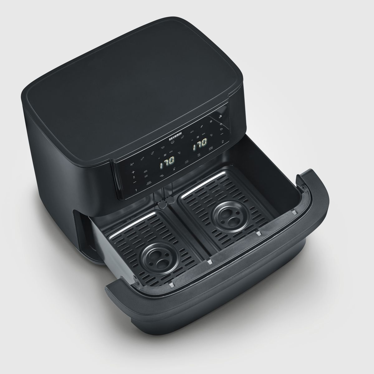 Czarna frytownica beztłuszczowa z dwoma otwartymi koszami, wyświetlacz cyfrowy z temperaturą.