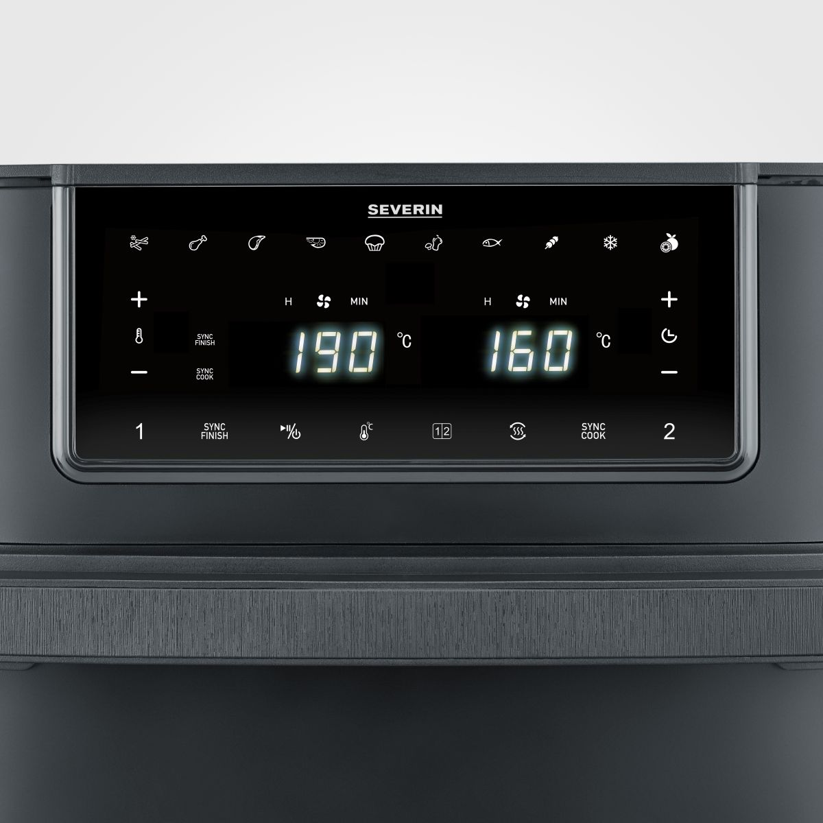 Czarny panel sterowania piekarnika Severin z wyświetlaczami cyfrowymi pokazującymi temperaturę i ustawienia.