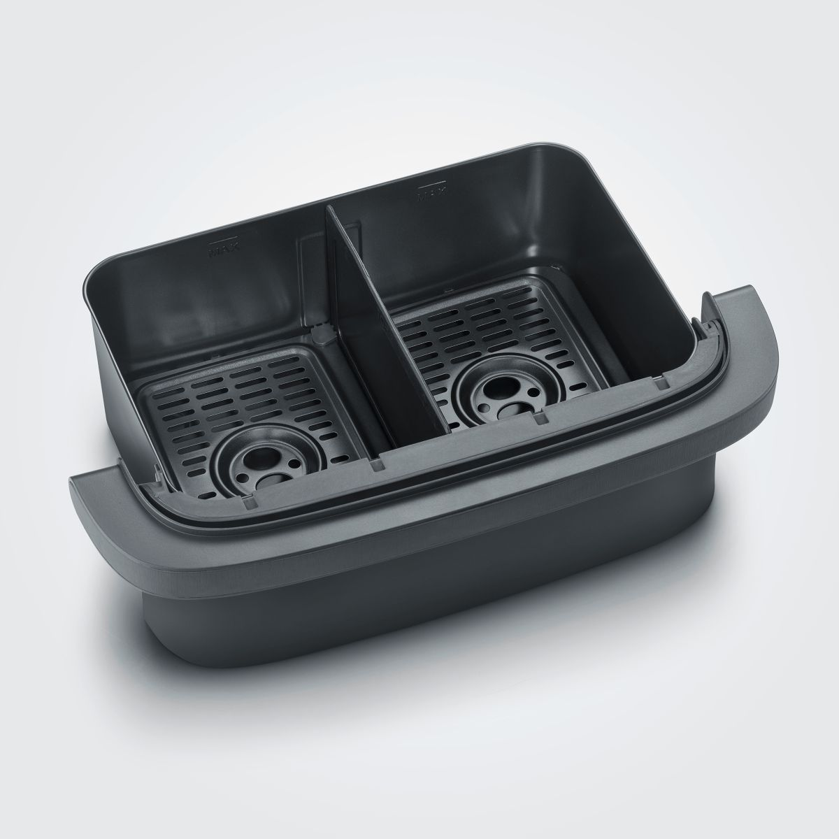 Szary prostokątny kosz do frytkownicy beztłuszczowej, podzielony, z perforacjami i uchwytem u góry.